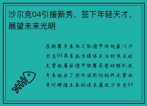 沙尔克04引援新秀，签下年轻天才，展望未来光明